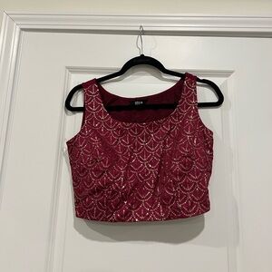 Wine Sequin Embroidered Crop Top and Mukaish Foil Ruffled Pre-Stitched Saree